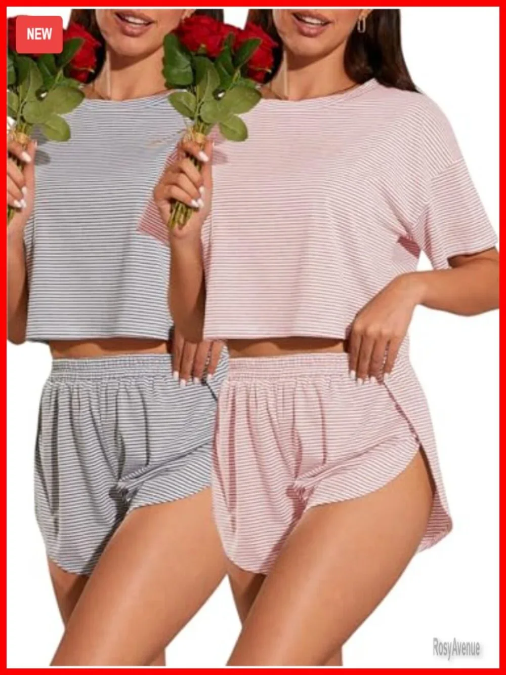 2 Pack Pajama Set for Women - Striped Short Sleeve Tee & Split Shorts Lounge Set